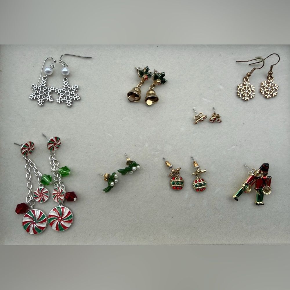 Festive Holiday Earrings Bundle Set of 8 Candy Canes Nutcracker Snowflakes Etc